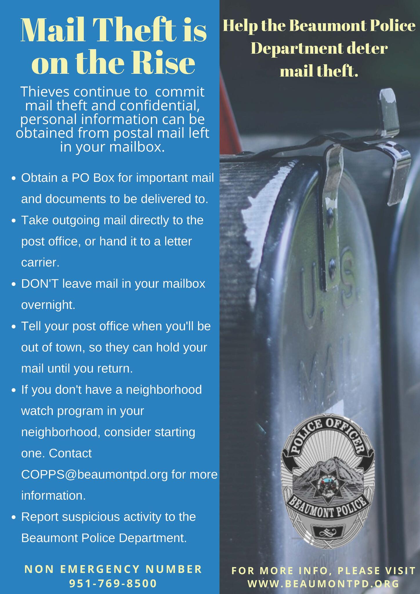 Mail Theft Prevention (Beaumont Police Department) Nextdoor